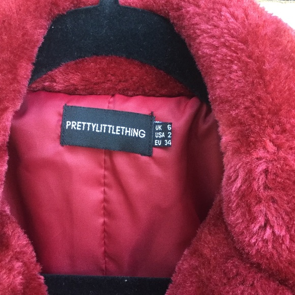 Pretty Little Thing Faux Fur Long Burgundy Coat 2 - Picture 3 of 5